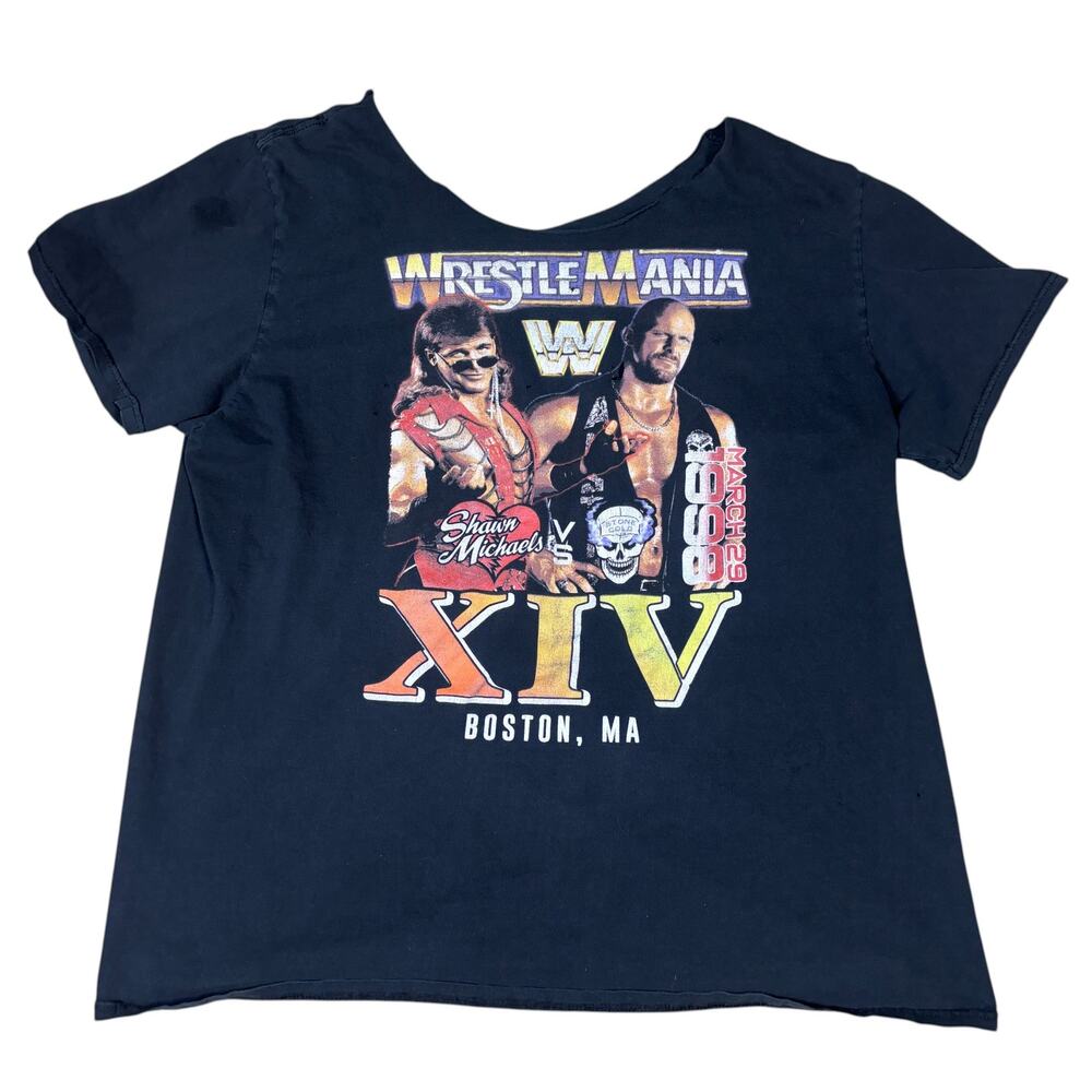 vintage 1998 WWE Wrestle Mania womens cutoff over the shoulder tshirt L 90s